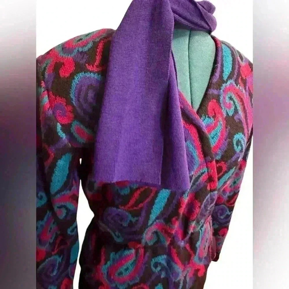 Vtg 60s 70s Ciao Purple Black Knit Wool Peplum Pencil Skirt Dress Sz M Hong Kong - Picture 4 of 9